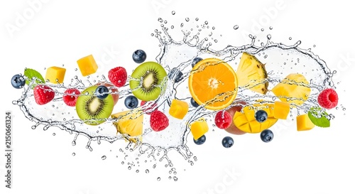 A Vibrant Collection of Fresh Tropical Fruits and Berries Exploding with Refreshing Water Splashes Isolated on a Pure White Background for Healthy Concepts