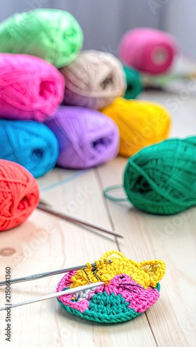 Colorful Yarn Balls and Crochet Project on Wooden Surface.