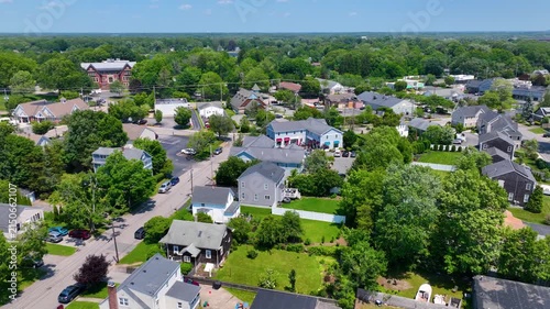 Historic commercial building aerial view on County Road in Barrington Civic Center Historic District in town of Barrington, Rhode Island RI, USA. 