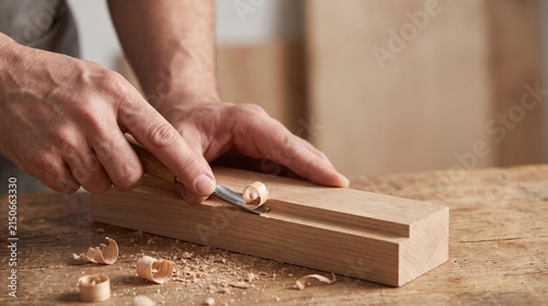 Hands Carving Natural Wood with Traditional Gouge and Wood Shavings