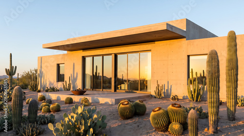 Modern Desert Oasis Home with Saguaro Cacti and Barrel Cacti - Contemporary Architecture at Sunset