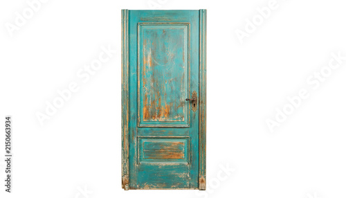 A vintage wooden door painted in a weathered turquoise color isolated on white background.