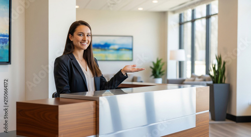 Professional businesswoman standing at the front desk extending a warm welcome perfect for a corporate hospitality service concept