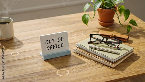 Out of office concept with notebook, glasses and houseplant on a wooden desk