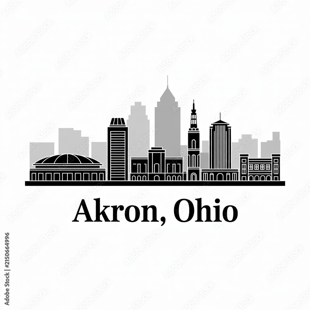 Obraz premium Akron Ohio City Skyline Silhouette Architecture Illustration with Stadium and Church Spire