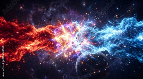 Vibrant cosmic collision features swirling red and blue nebulae crashing together in deep space with bright lightning and planetary debris