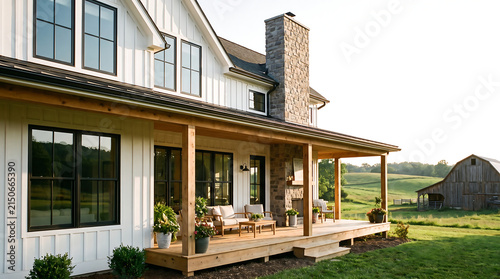 Modern Farmhouse Exterior with Wrap-Around Porch, Stone Chimney, and Countryside Barn View - Architectural Photography