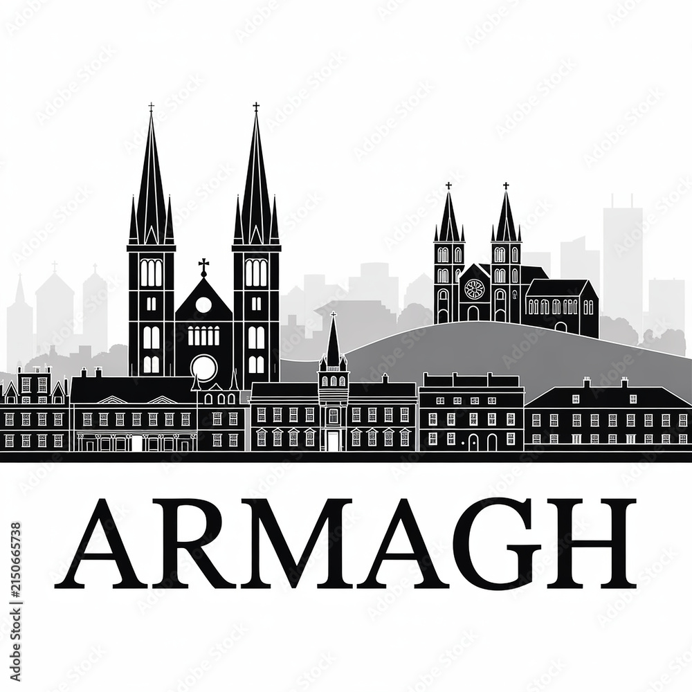 Fototapeta premium Armagh Northern Ireland City Skyline Silhouette Architecture Illustration with Saint Patrick Cathedrals