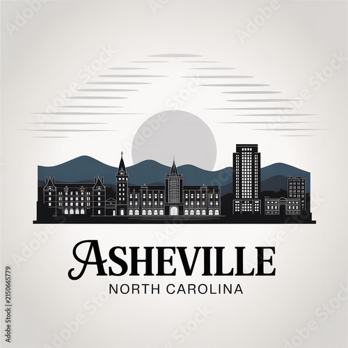 Asheville North Carolina City Skyline Silhouette Illustration with Blue Ridge Mountains and Historic Downtown