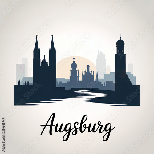 Augsburg Germany City Skyline Silhouette Architecture Illustration with Cathedral Spires and Perlachturm