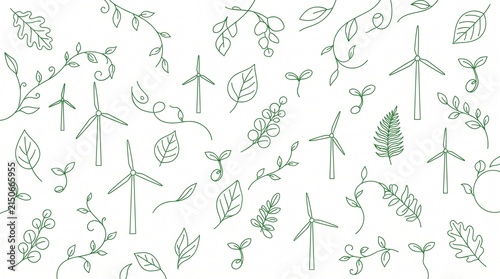 Green Line Art Seamless Pattern: Wind Turbines, Leaves, Sprouts, and Vines. Eco-Friendly Renewable Energy and Nature Concept Background. Sustainable