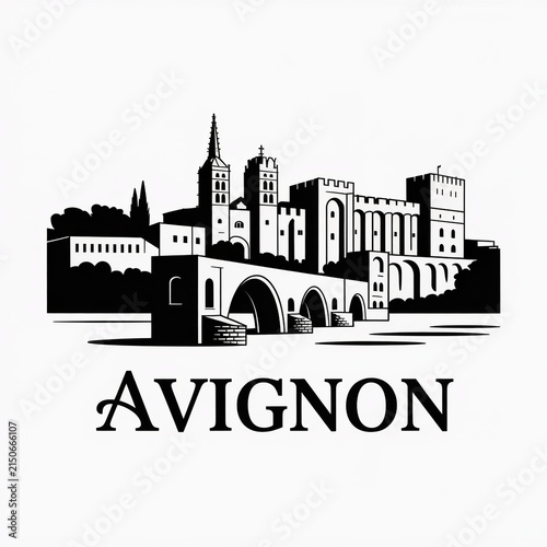 Avignon France City Skyline Detailed Silhouette Illustration with Palais des Papes Fortress and Historic Bridge