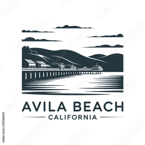Avila Beach California City Skyline Silhouette Illustration with Pier and Coastal Hills