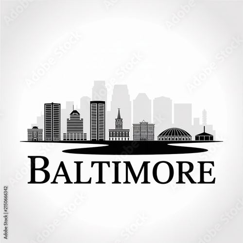 Baltimore Maryland City Skyline Silhouette Illustration with Inner Harbor and Skyscrapers
