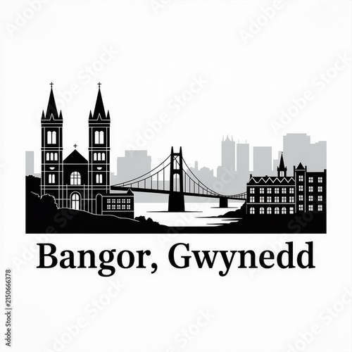 Bangor Gwynedd Wales City Skyline Silhouette Illustration with Cathedral and Menai Bridge