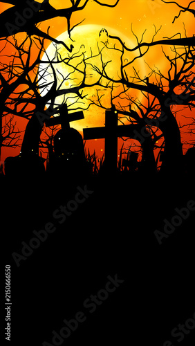 Spooky Halloween Graveyard With Cross Tombstones And Bare Trees Against A Glowing Orange Night Sky, Halloween Background Concept, 3d rendering