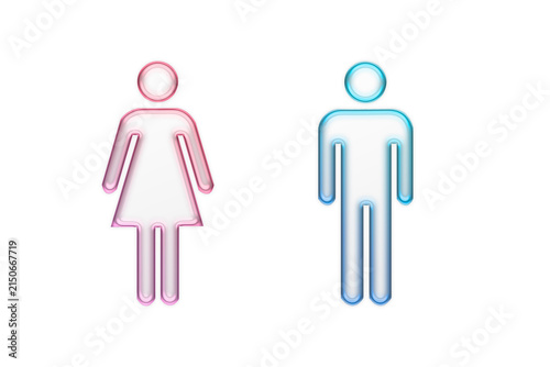Transparent glass male and female symbols, realistic glassmorphism reflections and soft shadows background.