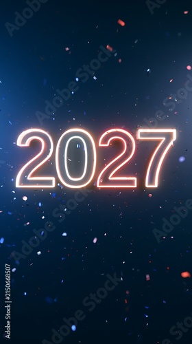 Number twenty twenty seven glows with orange neon light against a dark background filled with.