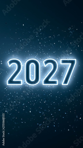 Number twenty twenty seven glows with blue neon light against a dark background filled with particles.