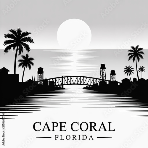 Cape Coral Florida City Skyline Silhouette Illustration with Cape Coral Bridge and Caloosahatchee Waterfront