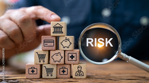 Financial analysts assess business risks using symbolic blocks and magnifying glass tools, representing credit risk, insurance planning, consumer protection, and structured financial management.