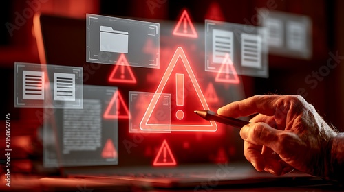 digital warning alert displayed on laptop with document icons, representing system risk, data threat, cyber alerts, file security issues, online protection challenges in modern digital environments.