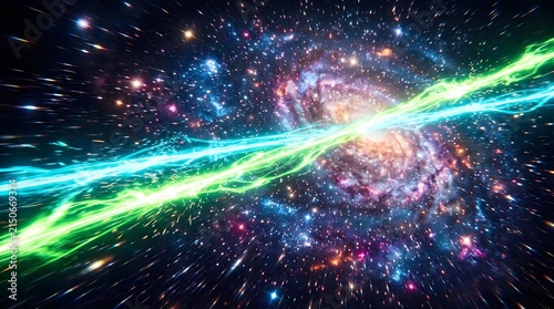 Glowing interstellar energy beam cutting across a vibrant spiral galaxy with streaks of starlight and bright colorful cosmic nebula clouds