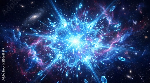 Brilliant blue cosmic explosion scattering glowing crystalline shards across the vast dark interstellar void of deep outer space during science