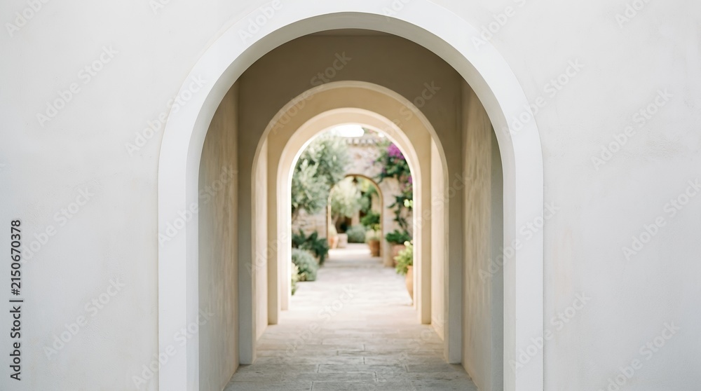 Fototapeta premium White Arched Hallway Leading to a Lush Garden Pathway.