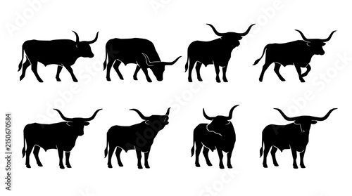 Black silhouettes of longhorn bulls set with minimalist vector art featuring cattle, horns, and monochrome with sharp edges and solid fill
