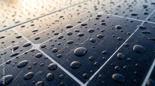 Solar Panel Surface with Water Droplets After Rain - Macro Close-up Detail, Reflecting Sunlight - Renewable Energy Technology Concept