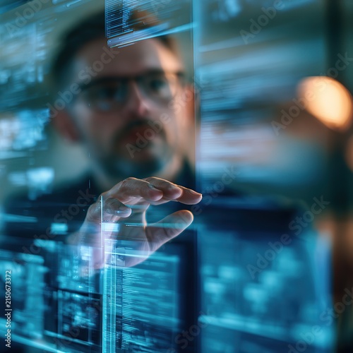 An engaging photo of an IT consultant, defocused in the background. Generative AI.