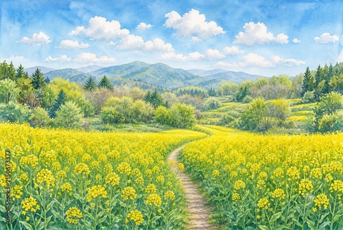 Yellow Rapeseed Flower Field and Spring Hills Watercolor Illustration for Spring Flyer Background