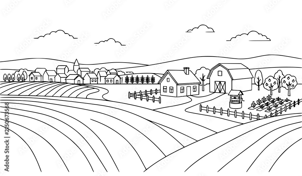 Fototapeta premium Agricultural field and countryside farm buildings linear landscape illustration vector