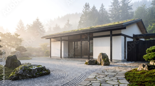 Zen Garden Landscape with Modern Architecture and Misty Forest - Serene Japanese Zen Garden Design with Raked Sand, Mossy Rocks, and Green Roof Building