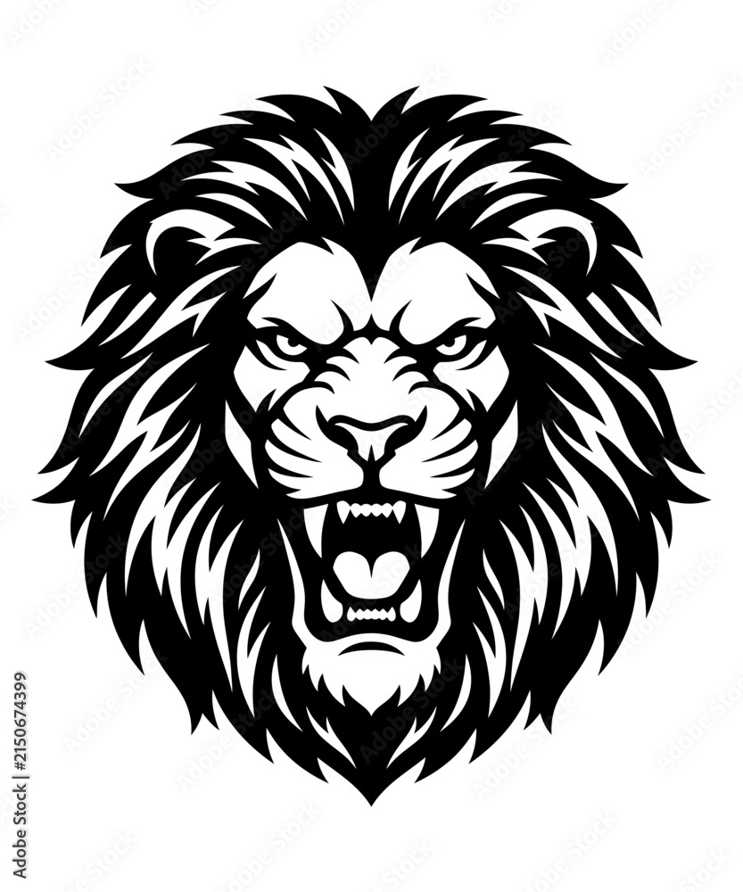 Obraz premium Aggressive roaring lion head mascot logo design in black and white vector style for sports teams