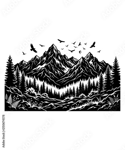 Black and white vector illustration of a mountain landscape with pine forest and flying birds in silhouette