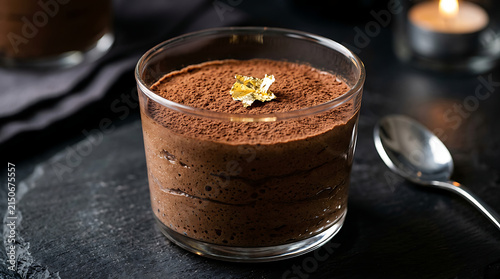 Glass cup filled with rich chocolate mousse topped with cocoa powder and edible flower chocolate culinary indulgence delicious sophisticated confection
