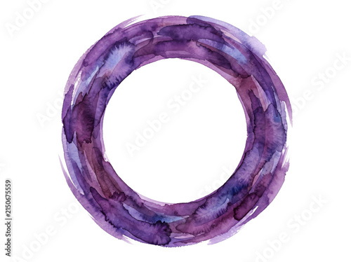 Purple watercolor circle frame. Hand painted round brush stroke border isolated on white.