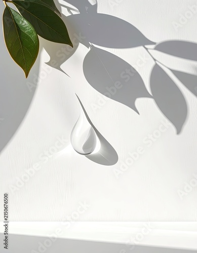 A single droplet of water casts a shadow on a textured white surface, with green leaves and their shadows overhead.