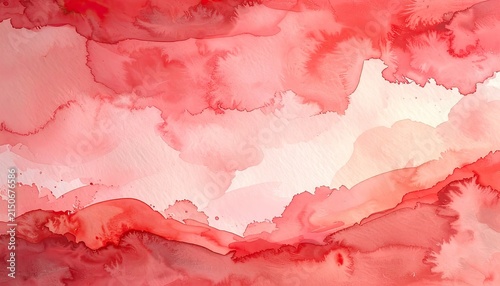 Abstract watercolor paint splashes in various shades of red and pink.
