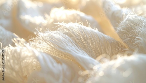 Macro view of white coarse threads illuminated by soft golden light.