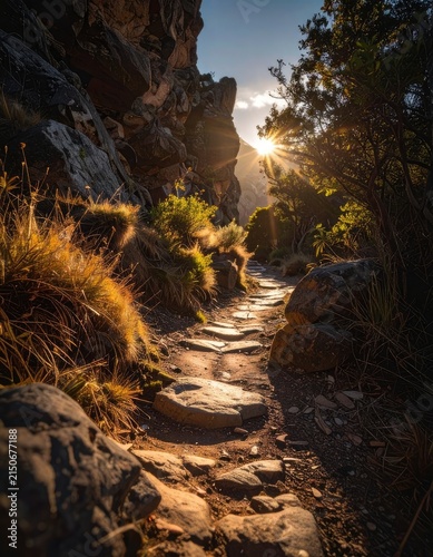 A sun-drenched stone path winds through a rocky, mountainous landscape.