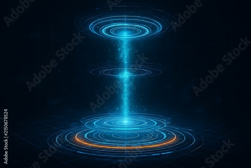 Futuristic blue holographic portal circle ring light beam digital energy data teleportation abstract technology design sci fi space concept innovation modern background visualization