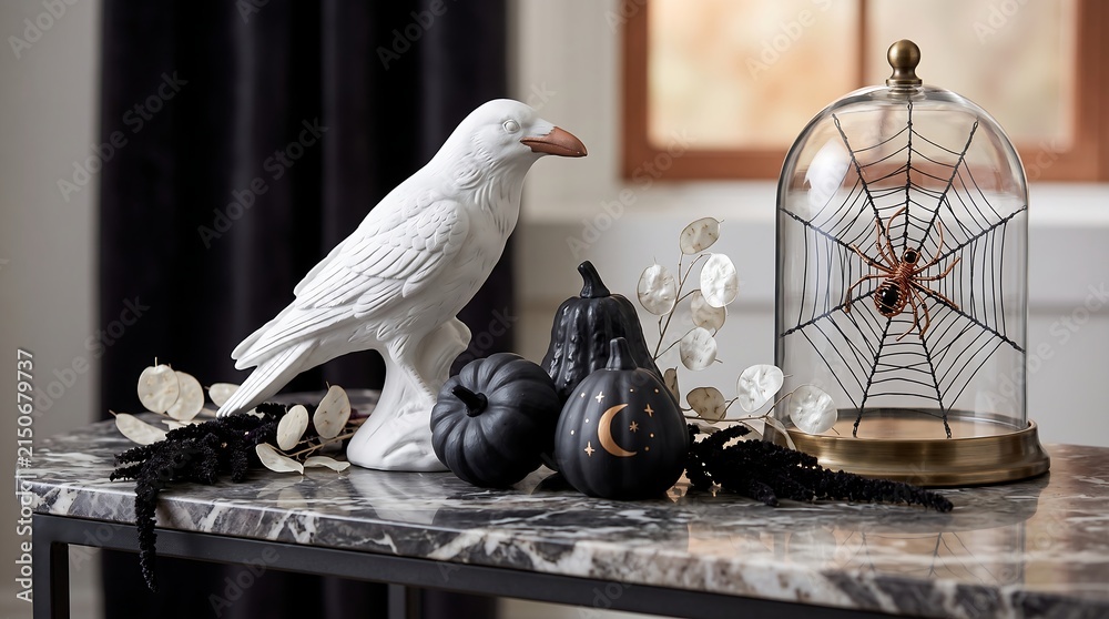 Naklejka premium Elegant Halloween decor with white raven and black pumpkins
