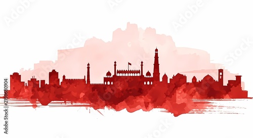 Red watercolor silhouette skyline of old delhi featuring jama masjid isolated on white background