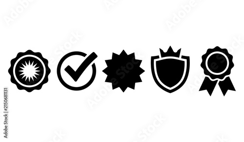 Collection of five black silhouette icons representing quality certification and achievement concepts on a white background