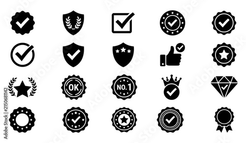 A diverse collection of black icons symbolizing quality assurance verification trust achievement and successful completion of tasks