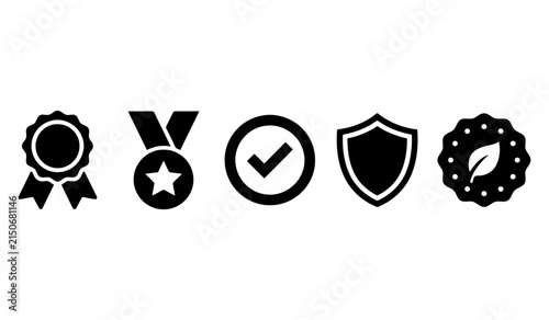 A set of black silhouette icons illustrating concepts of awards recognition quality security success and overall achievement