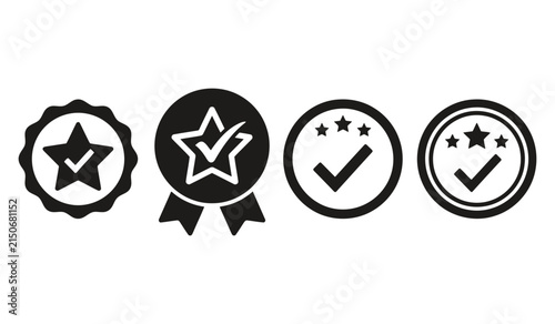 A set of four monochrome badges displaying stars and checkmarks symbolizing high quality standards and successful accomplishment